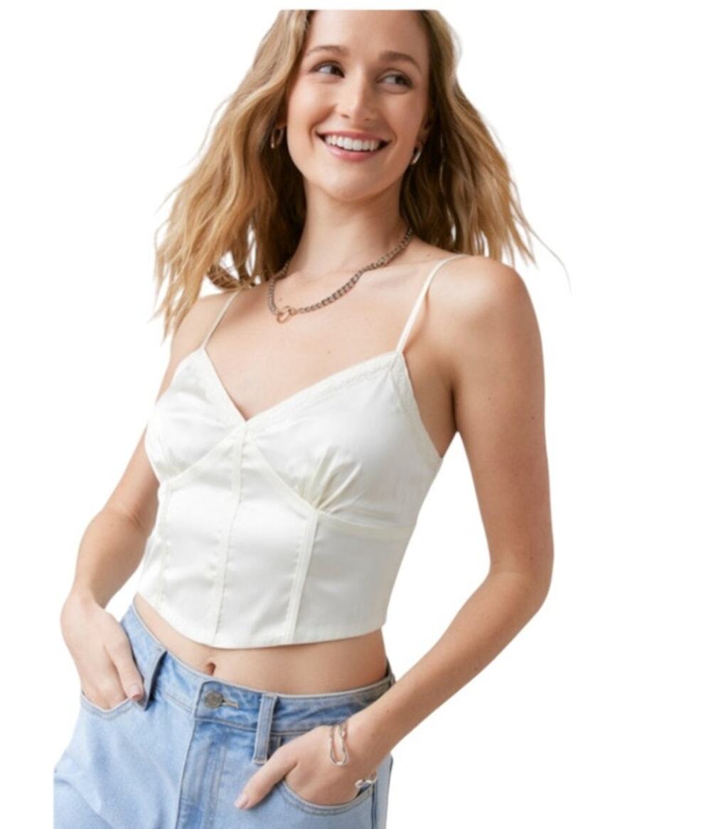 Francesca's Whitney Cropped Ivory Corset Scallop Laced Satin Top Medium Minimal